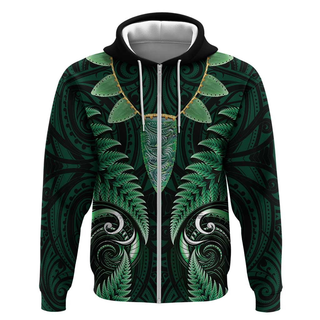 Aotearoa Pounamu Niho Zip Hoodie Silver Fern Mix Maori Pattern - Green LT14 Zip Hoodie Green - Polynesian Pride