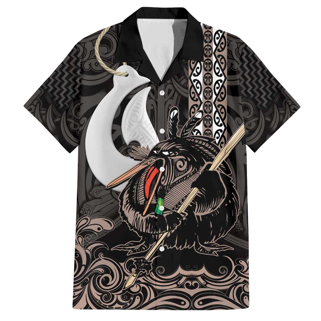 Aotearoa Hei Matau Family Matching Tank Maxi Dress and Hawaiian Shirt Haka Kiwi Mix Maori Mangopare LT14 Dad's Shirt - Short Sleeve Black - Polynesian Pride