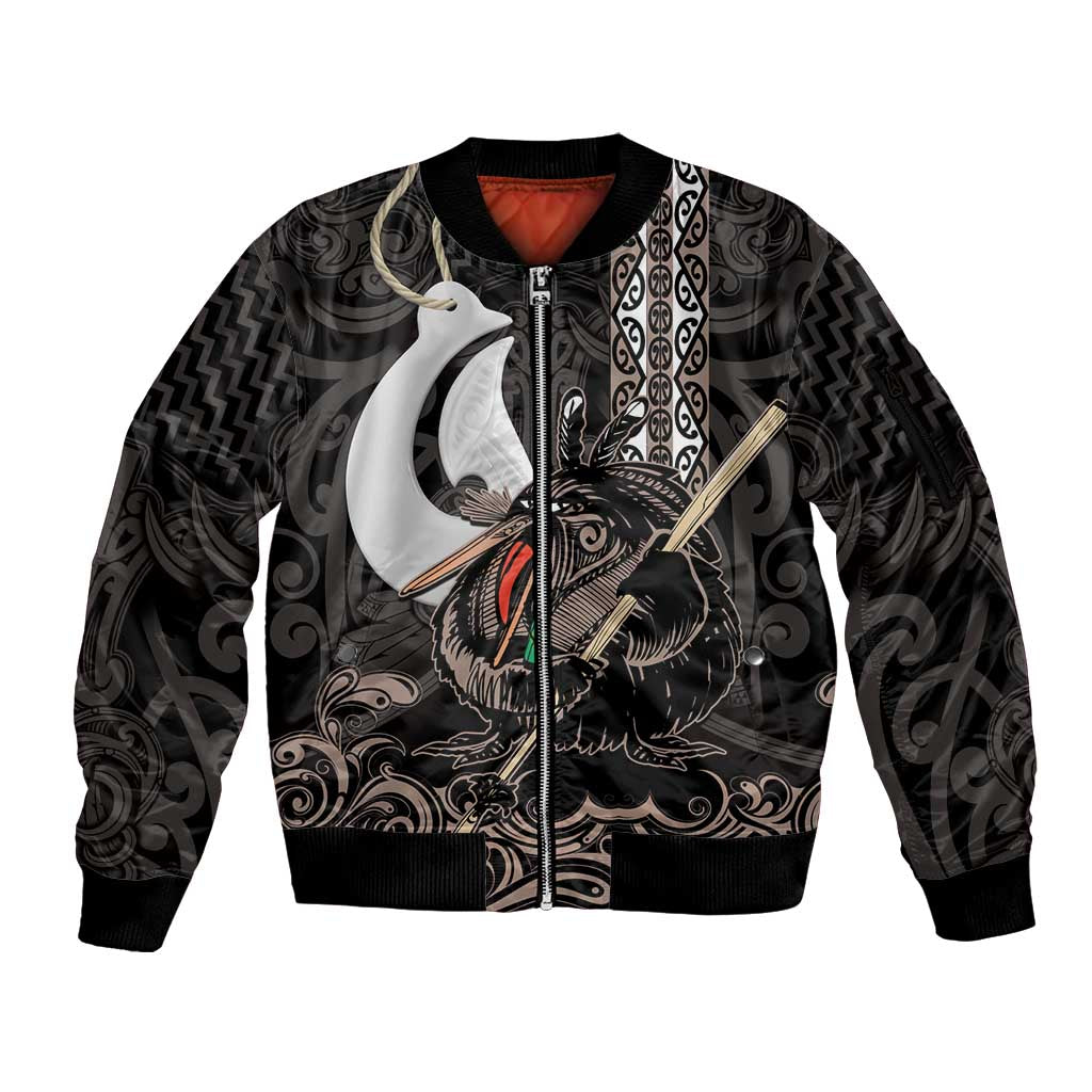 Aotearoa Hei Matau Sleeve Zip Bomber Jacket Haka Kiwi Mix Maori Mangopare LT14 Unisex Black - Polynesian Pride