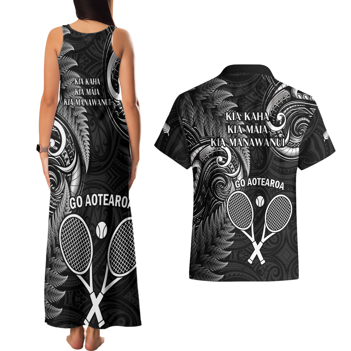 New Zealand Tiki Tennis Couples Matching Tank Maxi Dress and Hawaiian Shirt 2024 Aotearoa Tenehi Maori Silver Fern - Black LT14 - Polynesian Pride