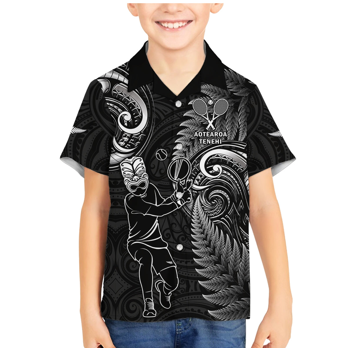 New Zealand Tiki Tennis Family Matching Mermaid Dress and Hawaiian Shirt 2024 Aotearoa Tenehi Maori Silver Fern - Black LT14 Son's Shirt Black - Polynesian Pride