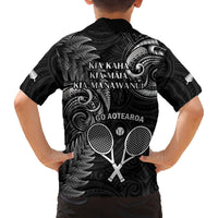 New Zealand Tiki Tennis Family Matching Off Shoulder Long Sleeve Dress and Hawaiian Shirt 2024 Aotearoa Tenehi Maori Silver Fern - Black LT14 - Polynesian Pride