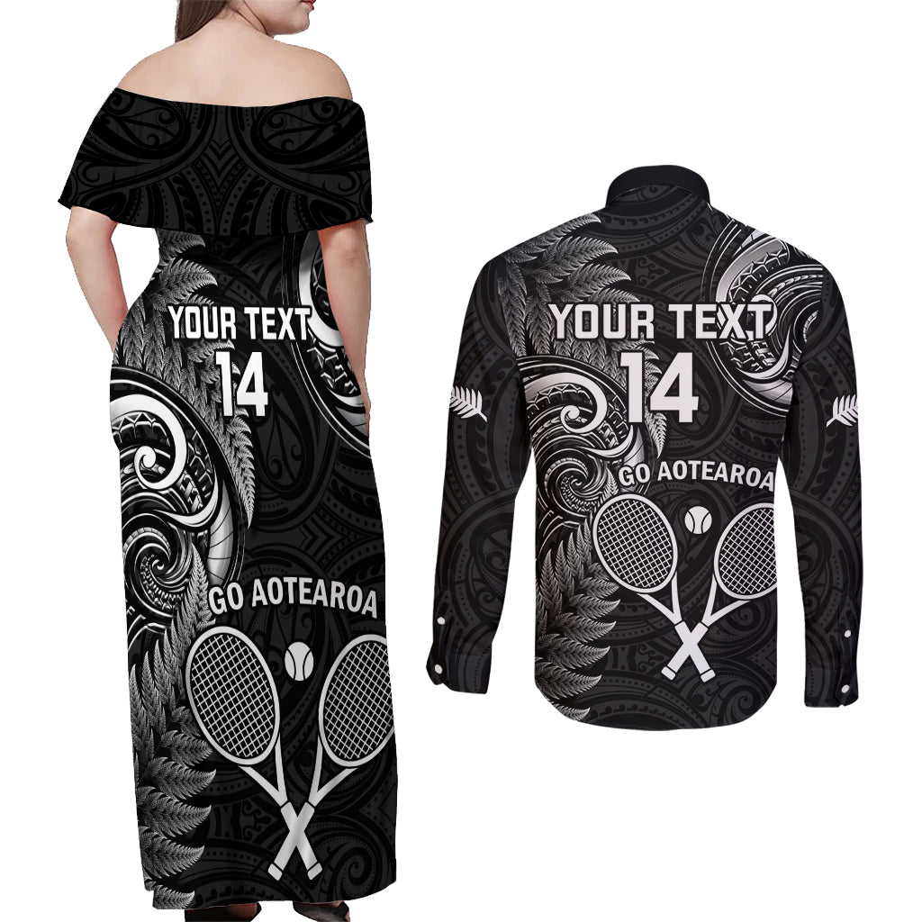 Custom New Zealand Tiki Tennis Couples Matching Off Shoulder Maxi Dress and Long Sleeve Button Shirt 2024 Aotearoa Tenehi Maori Silver Fern - Black LT14 - Polynesian Pride