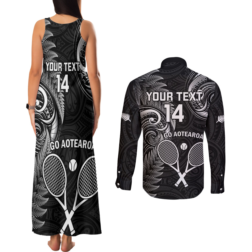Custom New Zealand Tiki Tennis Couples Matching Tank Maxi Dress and Long Sleeve Button Shirt 2024 Aotearoa Tenehi Maori Silver Fern - Black LT14 - Polynesian Pride