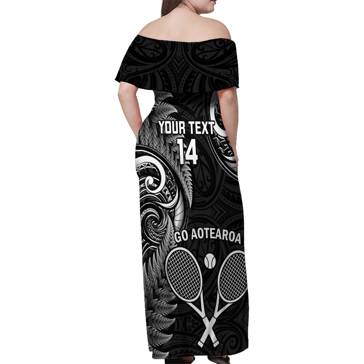 Custom New Zealand Tiki Tennis Family Matching Off Shoulder Maxi Dress and Hawaiian Shirt 2024 Aotearoa Tenehi Maori Silver Fern - Black LT14 - Polynesian Pride