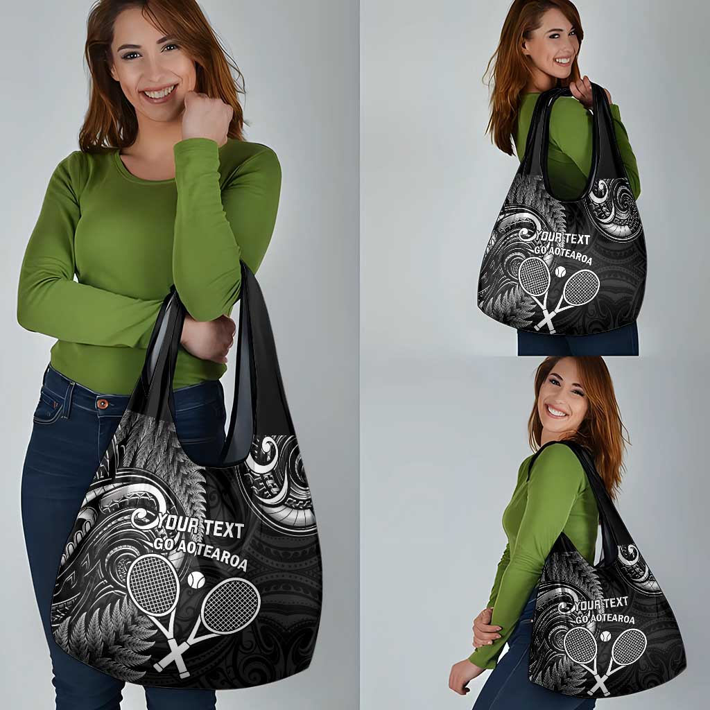 Custom New Zealand Tiki Tennis Grocery Bag Aotearoa Tenehi Maori Silver Fern - Black
