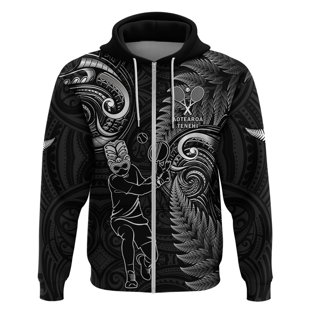 Custom New Zealand Tiki Tennis Hoodie 2024 Aotearoa Tenehi Maori Silver Fern - Black LT14 Zip Hoodie Black - Polynesian Pride