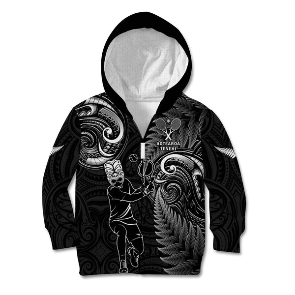 Custom New Zealand Aotearoa Rugby Kid Hoodie NZ Tiki With Maori Fern World Cup Black Version LT14 main image 1