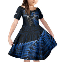 New Zealand Tiki Tennis Family Matching Mermaid Dress and Hawaiian Shirt 2024 Aotearoa Tenehi Maori Silver Fern - Blue LT14 Daughter's Dress Blue - Polynesian Pride