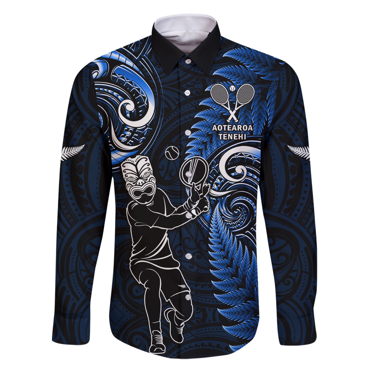 New Zealand Tiki Tennis Family Matching Puletasi and Hawaiian Shirt 2024 Aotearoa Tenehi Maori Silver Fern - Blue LT14 Dad's Shirt - Long Sleeve Blue - Polynesian Pride