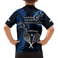 New Zealand Tiki Tennis Family Matching Tank Maxi Dress and Hawaiian Shirt 2024 Aotearoa Tenehi Maori Silver Fern - Blue LT14 - Polynesian Pride