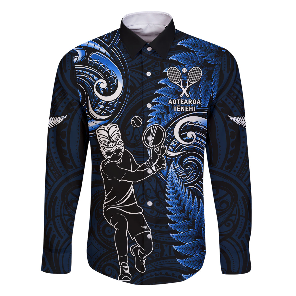 New Zealand Tiki Tennis Family Matching Tank Maxi Dress and Hawaiian Shirt 2024 Aotearoa Tenehi Maori Silver Fern - Blue LT14 Dad's Shirt - Long Sleeve Blue - Polynesian Pride