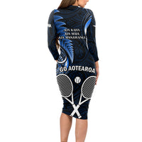 New Zealand Tiki Tennis Long Sleeve Bodycon Dress 2024 Aotearoa Tenehi Maori Silver Fern - Blue LT14 - Polynesian Pride