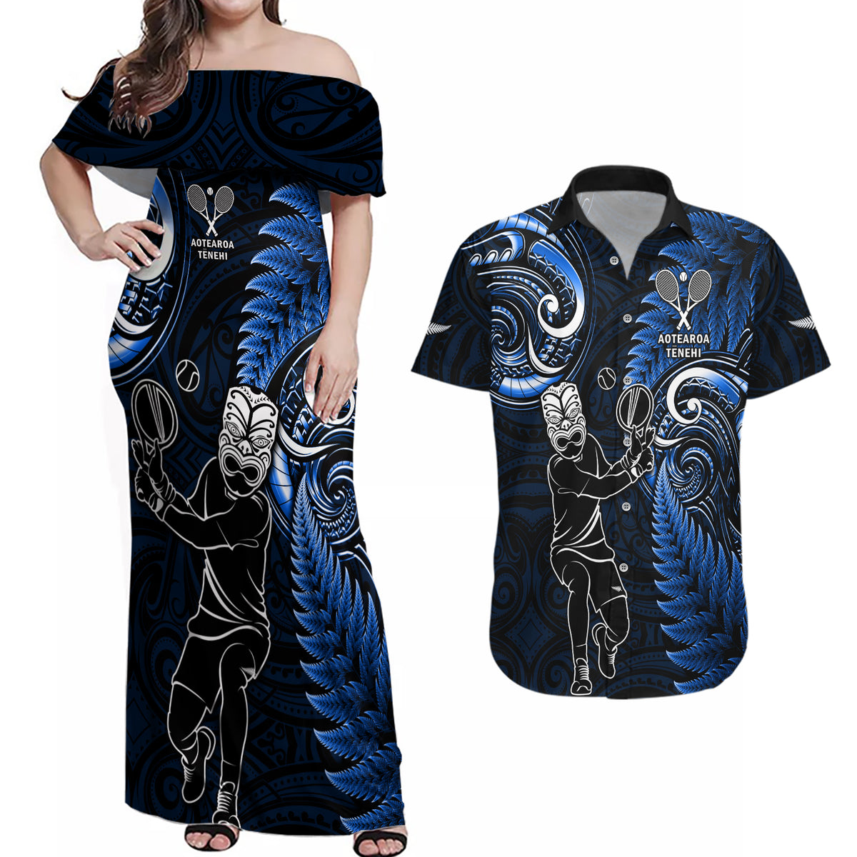 Aotearoa New Zealand Couples Matching Off The Shoulder Long Sleeve Dress and Hawaiian Shirt Silver Fern Kiwi Bird and NZ Map with Maori Tribal Pink Style LT03 main image 0