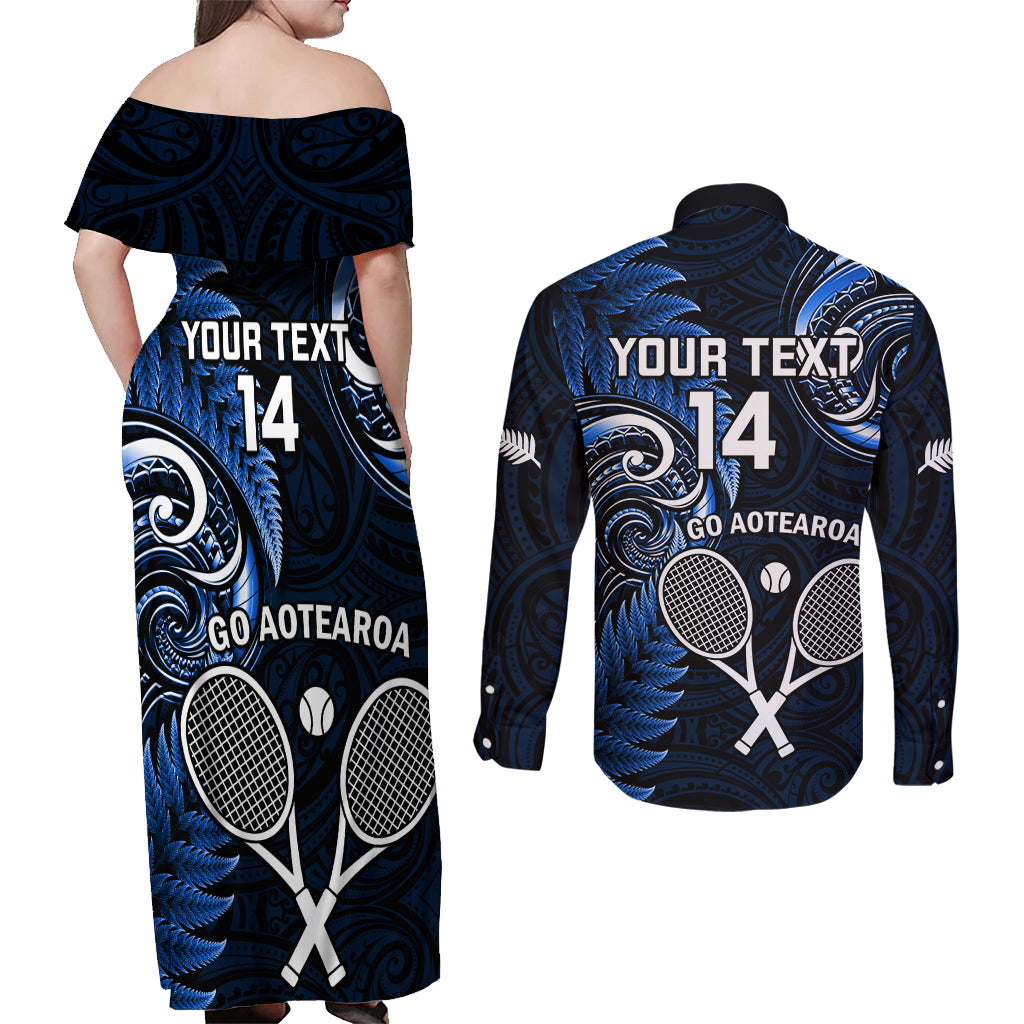 Custom New Zealand Tiki Tennis Couples Matching Off Shoulder Maxi Dress and Long Sleeve Button Shirt 2024 Aotearoa Tenehi Maori Silver Fern - Blue LT14 - Polynesian Pride