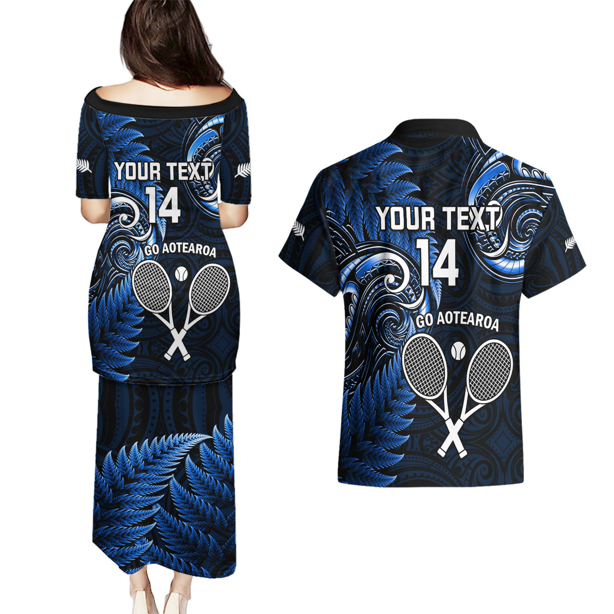 Custom New Zealand Tiki Tennis Couples Matching Puletasi and Hawaiian Shirt 2024 Aotearoa Tenehi Maori Silver Fern - Blue LT14 - Polynesian Pride
