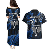 Custom New Zealand Tiki Tennis Couples Matching Puletasi and Hawaiian Shirt 2024 Aotearoa Tenehi Maori Silver Fern - Blue LT14 - Polynesian Pride