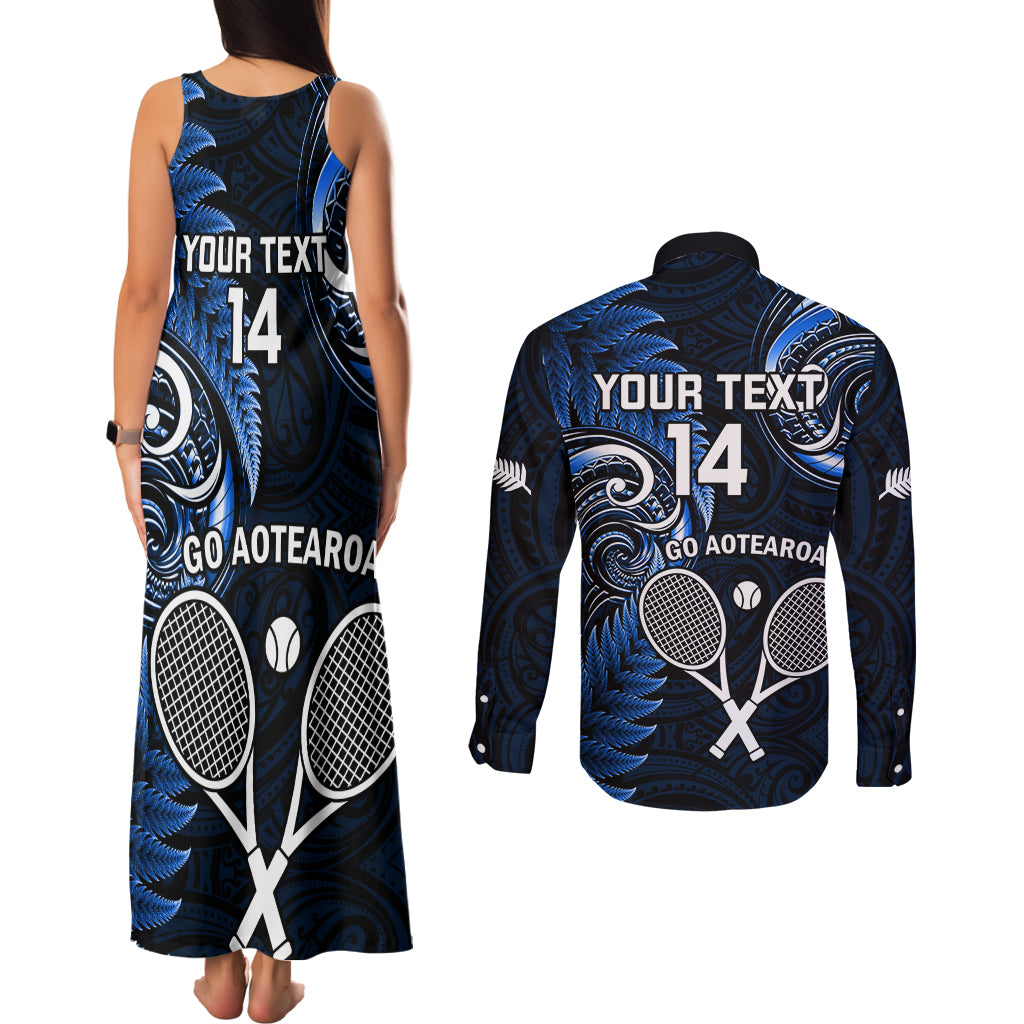 Custom New Zealand Tiki Tennis Couples Matching Tank Maxi Dress and Long Sleeve Button Shirt 2024 Aotearoa Tenehi Maori Silver Fern - Blue LT14 - Polynesian Pride