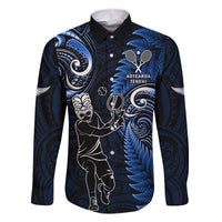 Custom New Zealand Tiki Tennis Family Matching Long Sleeve Bodycon Dress and Hawaiian Shirt 2024 Aotearoa Tenehi Maori Silver Fern - Blue LT14 Dad's Shirt - Long Sleeve Blue - Polynesian Pride