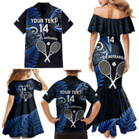 Custom New Zealand Tiki Tennis Family Matching Mermaid Dress and Hawaiian Shirt 2024 Aotearoa Tenehi Maori Silver Fern - Blue LT14 - Polynesian Pride