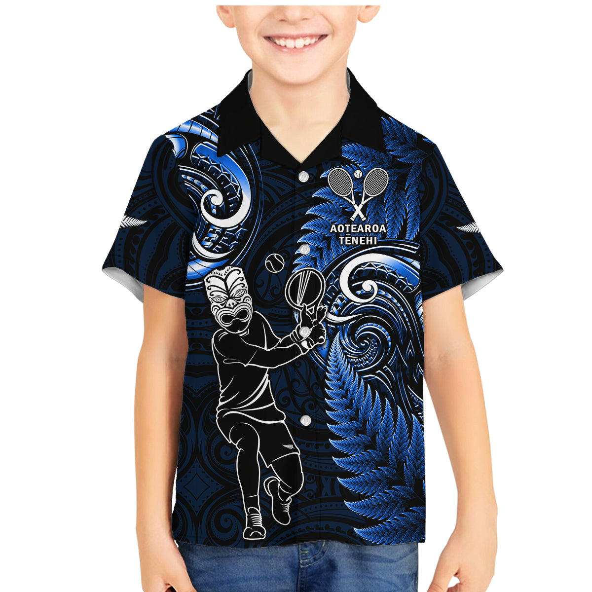 Custom New Zealand Tiki Tennis Family Matching Mermaid Dress and Hawaiian Shirt 2024 Aotearoa Tenehi Maori Silver Fern - Blue LT14 Son's Shirt Blue - Polynesian Pride