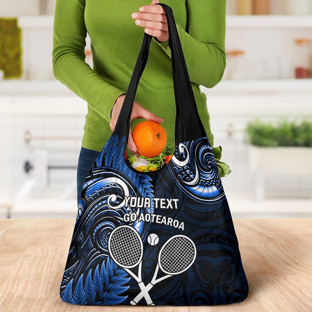 Custom New Zealand Tiki Tennis Grocery Bag Aotearoa Tenehi Maori Silver Fern - Blue