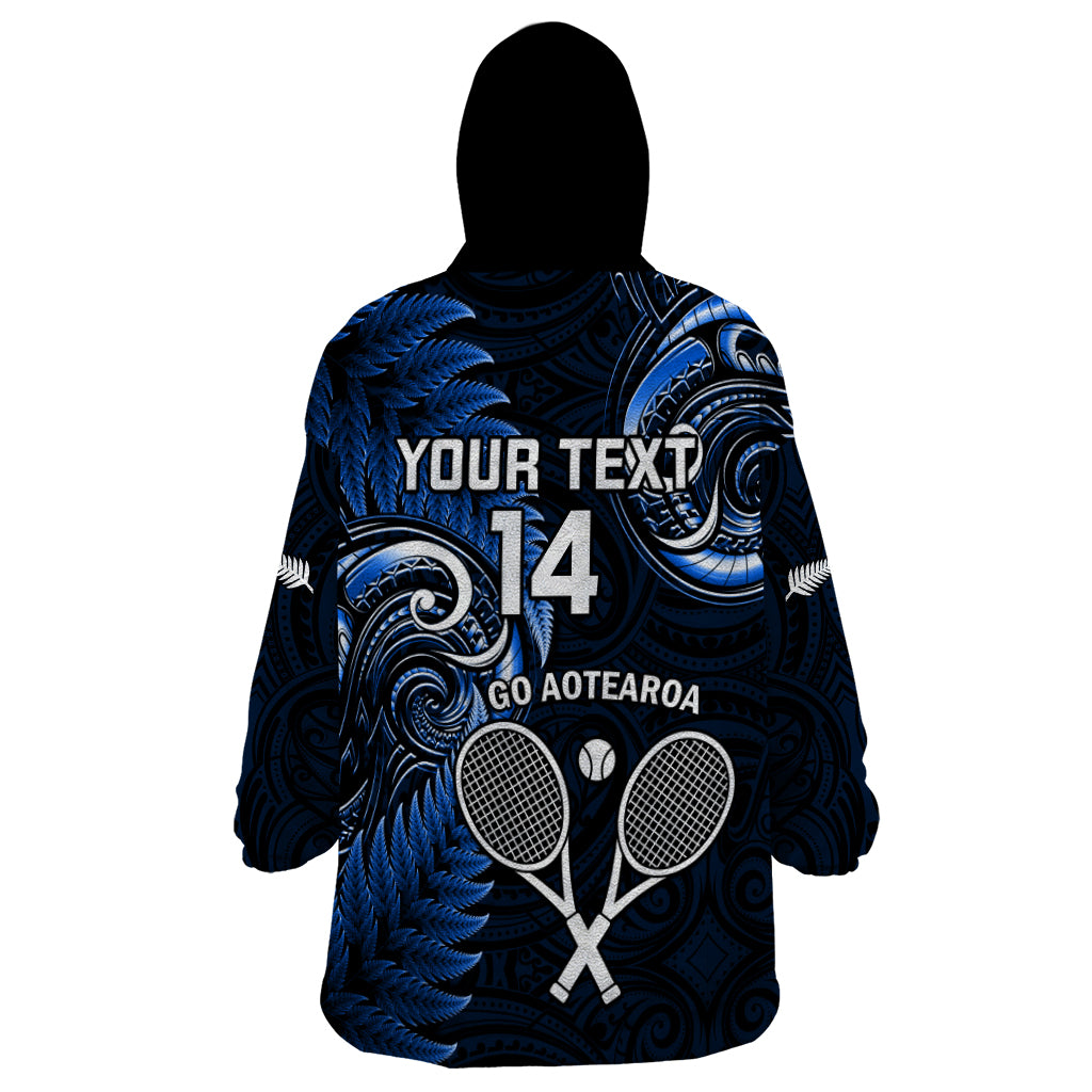 Custom New Zealand Tiki Tennis Wearable Blanket Hoodie 2024 Aotearoa Tenehi Maori Silver Fern - Blue LT14 - Polynesian Pride