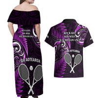 New Zealand Tiki Tennis Couples Matching Off Shoulder Maxi Dress and Hawaiian Shirt 2024 Aotearoa Tenehi Maori Silver Fern - Purple LT14 - Polynesian Pride