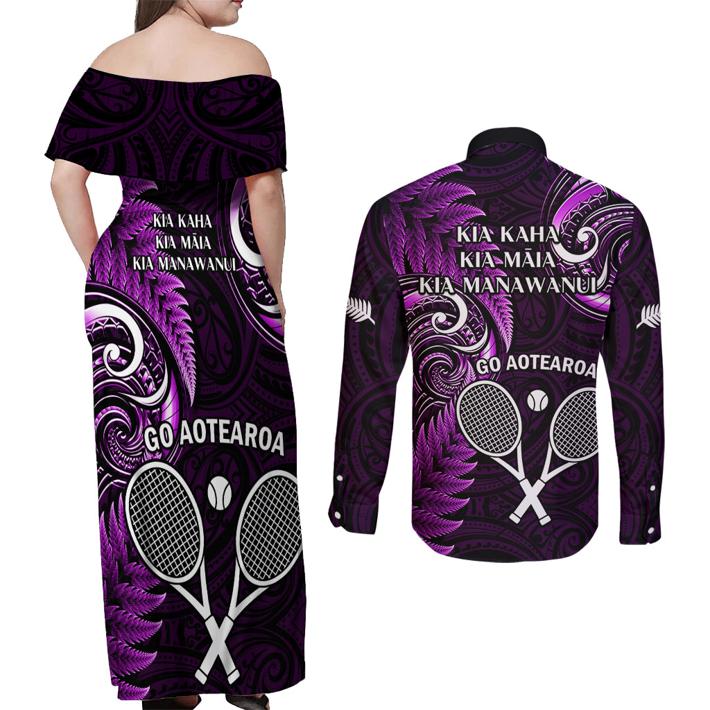 New Zealand Tiki Tennis Couples Matching Off Shoulder Maxi Dress and Long Sleeve Button Shirt 2024 Aotearoa Tenehi Maori Silver Fern - Purple LT14 - Polynesian Pride