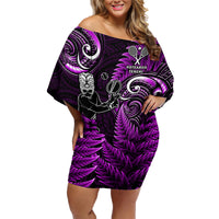 New Zealand Tiki Tennis Family Matching Off Shoulder Short Dress and Hawaiian Shirt 2024 Aotearoa Tenehi Maori Silver Fern - Purple LT14 Mom's Dress Purple - Polynesian Pride