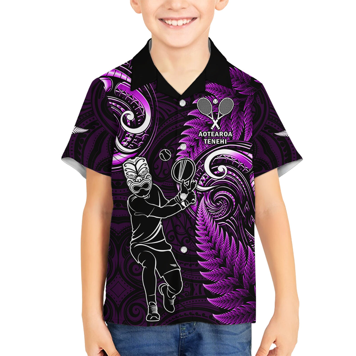 New Zealand Tiki Tennis Family Matching Off Shoulder Short Dress and Hawaiian Shirt 2024 Aotearoa Tenehi Maori Silver Fern - Purple LT14 Son's Shirt Purple - Polynesian Pride