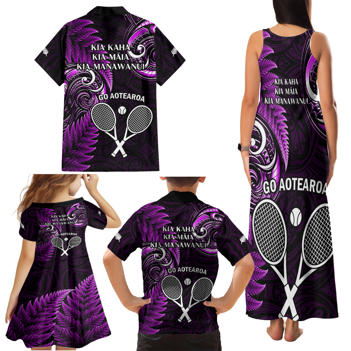 New Zealand Tiki Tennis Family Matching Tank Maxi Dress and Hawaiian Shirt 2024 Aotearoa Tenehi Maori Silver Fern - Purple LT14 - Polynesian Pride
