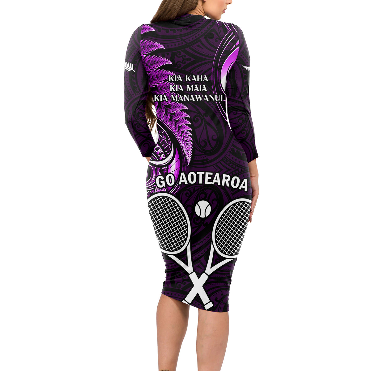 New Zealand Tiki Tennis Long Sleeve Bodycon Dress 2024 Aotearoa Tenehi Maori Silver Fern - Purple LT14 - Polynesian Pride