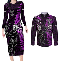 Custom New Zealand Tiki Tennis Couples Matching Long Sleeve Bodycon Dress and Long Sleeve Button Shirt 2024 Aotearoa Tenehi Maori Silver Fern - Purple LT14 Purple - Polynesian Pride