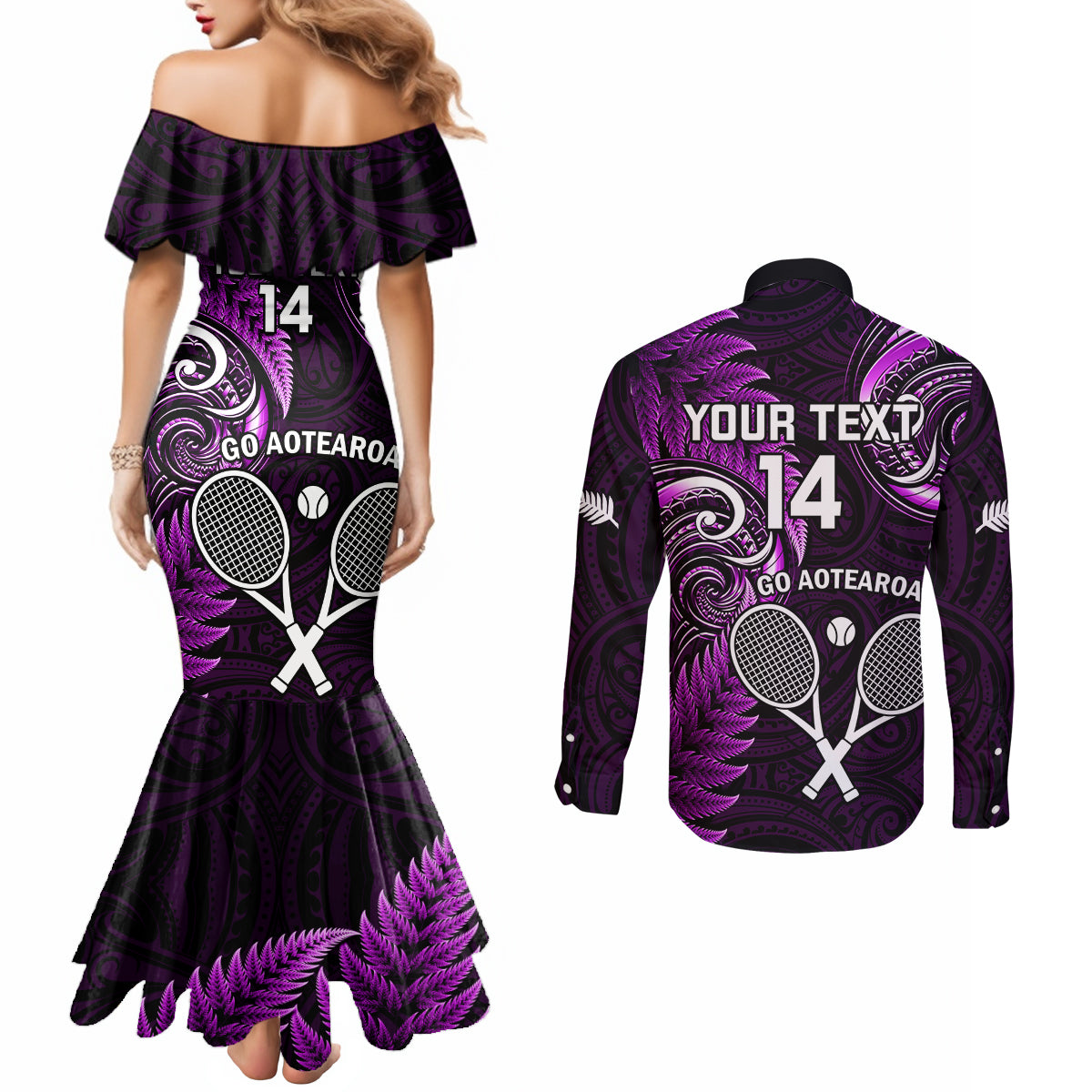 Custom New Zealand Tiki Tennis Couples Matching Mermaid Dress and Long Sleeve Button Shirt 2024 Aotearoa Tenehi Maori Silver Fern - Purple LT14 - Polynesian Pride
