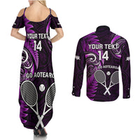 Custom New Zealand Tiki Tennis Couples Matching Summer Maxi Dress and Long Sleeve Button Shirt 2024 Aotearoa Tenehi Maori Silver Fern - Purple LT14 - Polynesian Pride