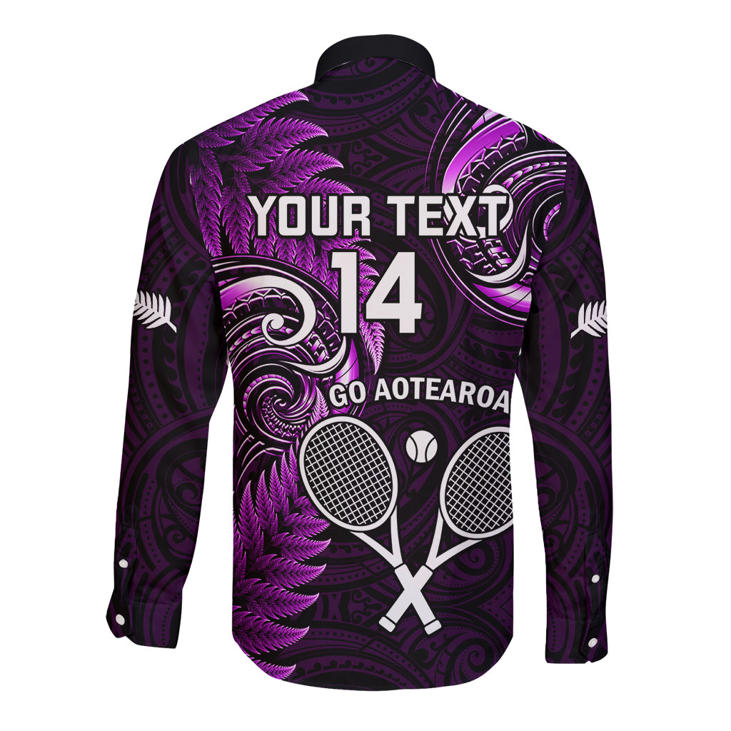 Custom New Zealand Tiki Tennis Long Sleeve Button Shirt 2024 Aotearoa Tenehi Maori Silver Fern - Purple LT14 - Polynesian Pride