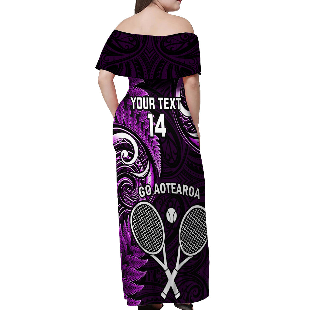 Custom New Zealand Tiki Tennis Off Shoulder Maxi Dress 2024 Aotearoa Tenehi Maori Silver Fern - Purple LT14 - Polynesian Pride