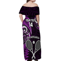 Custom New Zealand Tiki Tennis Off Shoulder Maxi Dress 2024 Aotearoa Tenehi Maori Silver Fern - Purple LT14 - Polynesian Pride