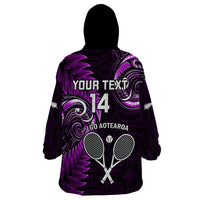 Custom New Zealand Tiki Tennis Wearable Blanket Hoodie 2024 Aotearoa Tenehi Maori Silver Fern - Purple LT14 - Polynesian Pride