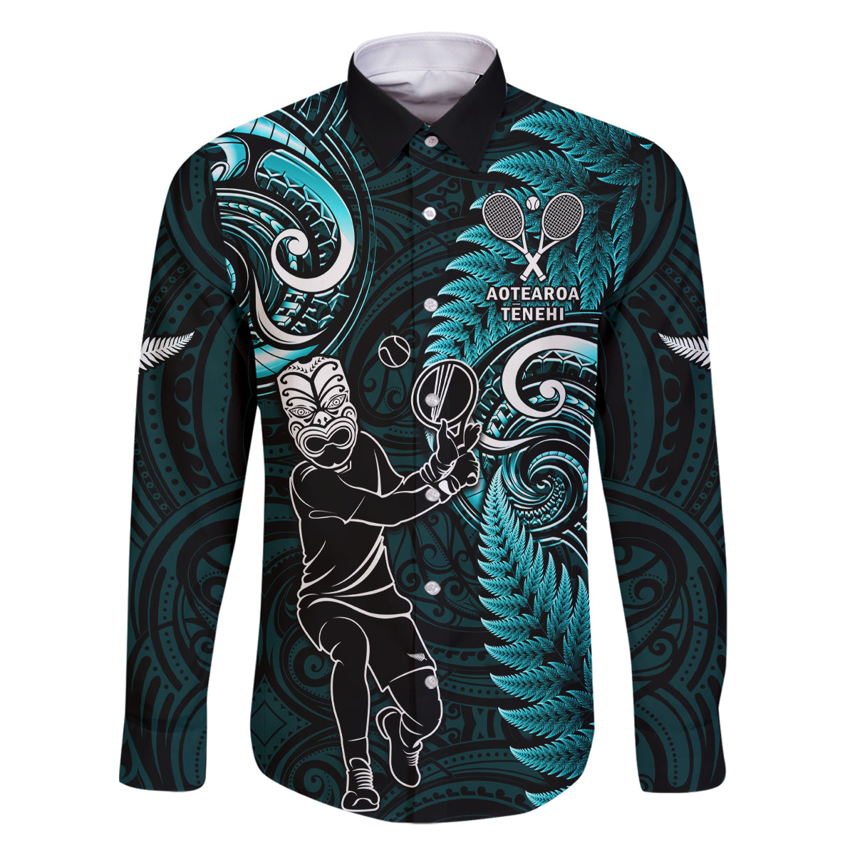 New Zealand Tiki Tennis Family Matching Tank Maxi Dress and Hawaiian Shirt 2024 Aotearoa Tenehi Maori Silver Fern - Turquoise LT14 Dad's Shirt - Long Sleeve Turquoise - Polynesian Pride