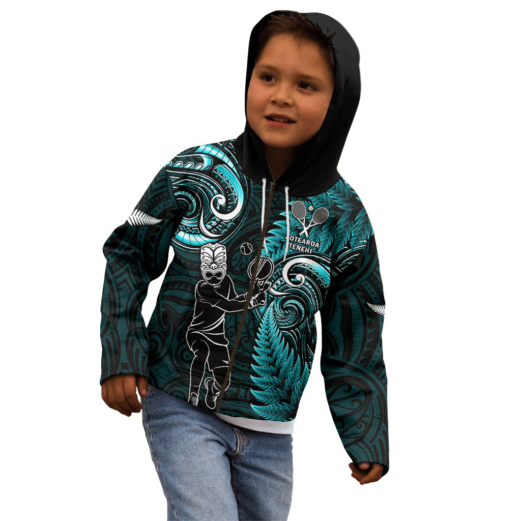 New Zealand Tiki Tennis Kid Hoodie 2024 Aotearoa Tenehi Maori Silver Fern - Turquoise LT14 - Polynesian Pride