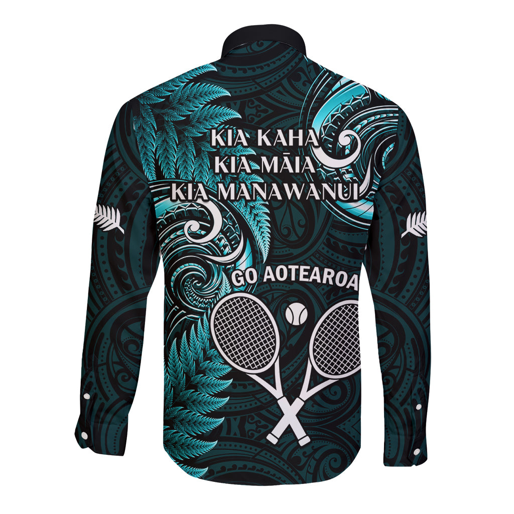 New Zealand Tiki Tennis Long Sleeve Button Shirt 2024 Aotearoa Tenehi Maori Silver Fern - Turquoise LT14 - Polynesian Pride