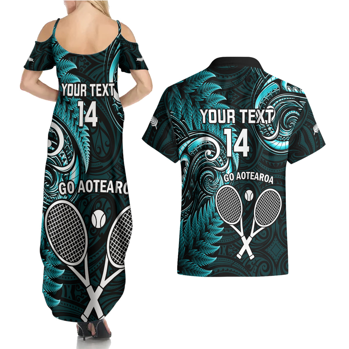 Custom New Zealand Tiki Tennis Couples Matching Summer Maxi Dress and Hawaiian Shirt 2024 Aotearoa Tenehi Maori Silver Fern - Turquoise LT14 - Polynesian Pride