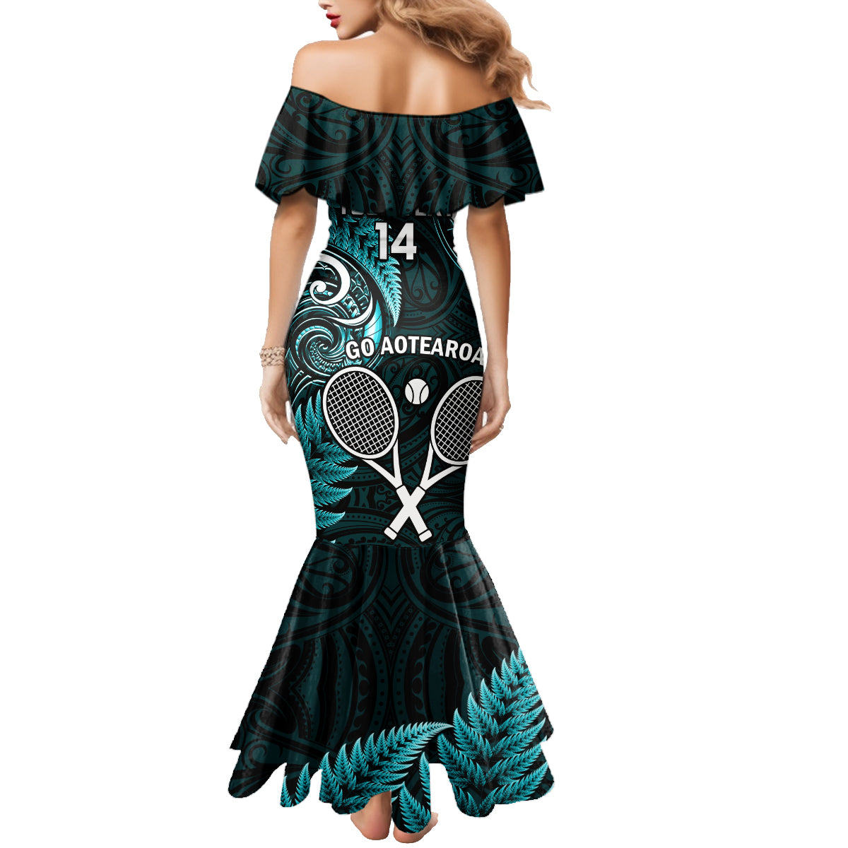 Custom New Zealand Tiki Tennis Family Matching Mermaid Dress and Hawaiian Shirt 2024 Aotearoa Tenehi Maori Silver Fern - Turquoise LT14 - Polynesian Pride