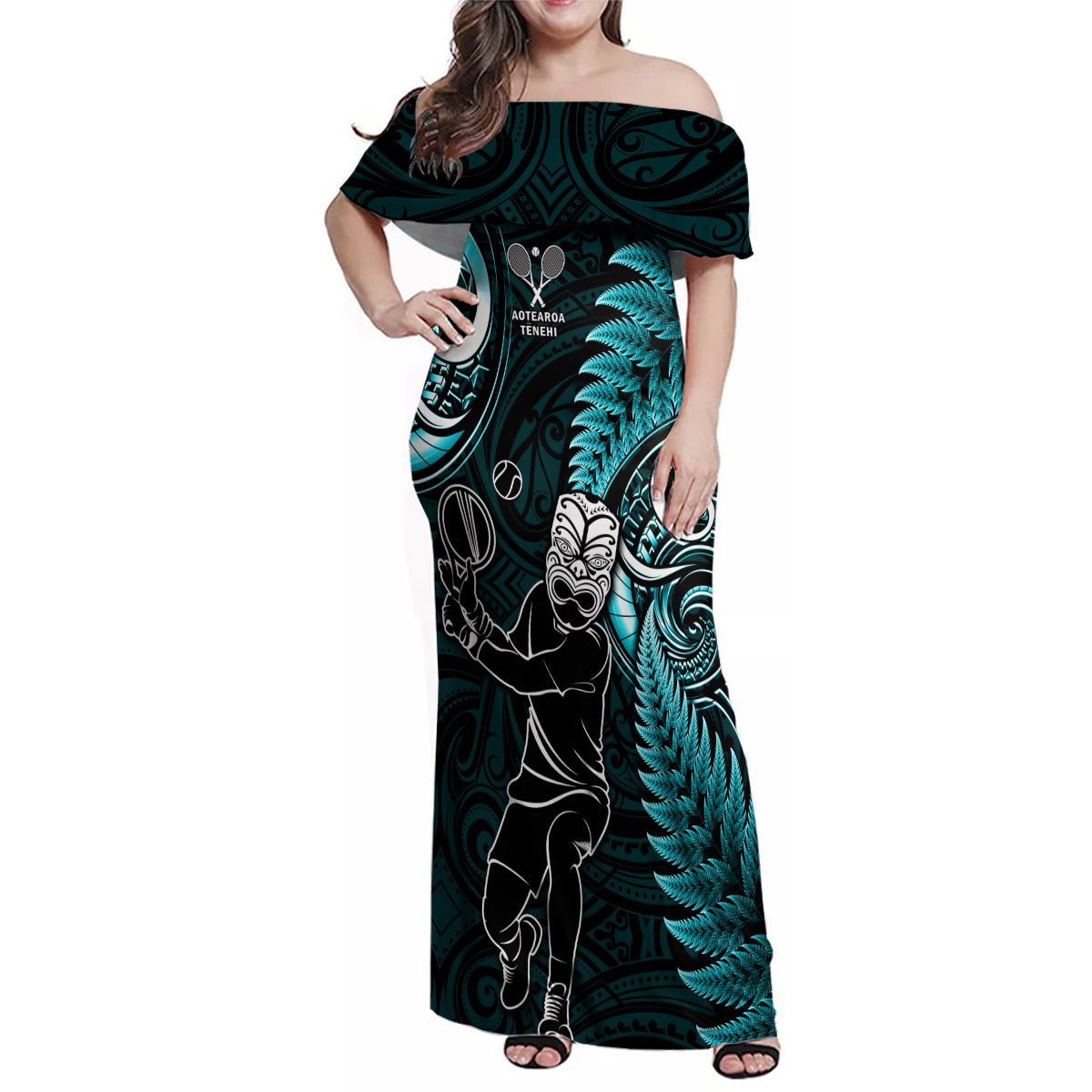 Custom New Zealand Tiki Tennis Family Matching Off Shoulder Maxi Dress and Hawaiian Shirt 2024 Aotearoa Tenehi Maori Silver Fern - Turquoise LT14 Mom's Dress Turquoise - Polynesian Pride