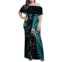 Custom New Zealand Tiki Tennis Family Matching Off Shoulder Maxi Dress and Hawaiian Shirt 2024 Aotearoa Tenehi Maori Silver Fern - Turquoise LT14 Mom's Dress Turquoise - Polynesian Pride