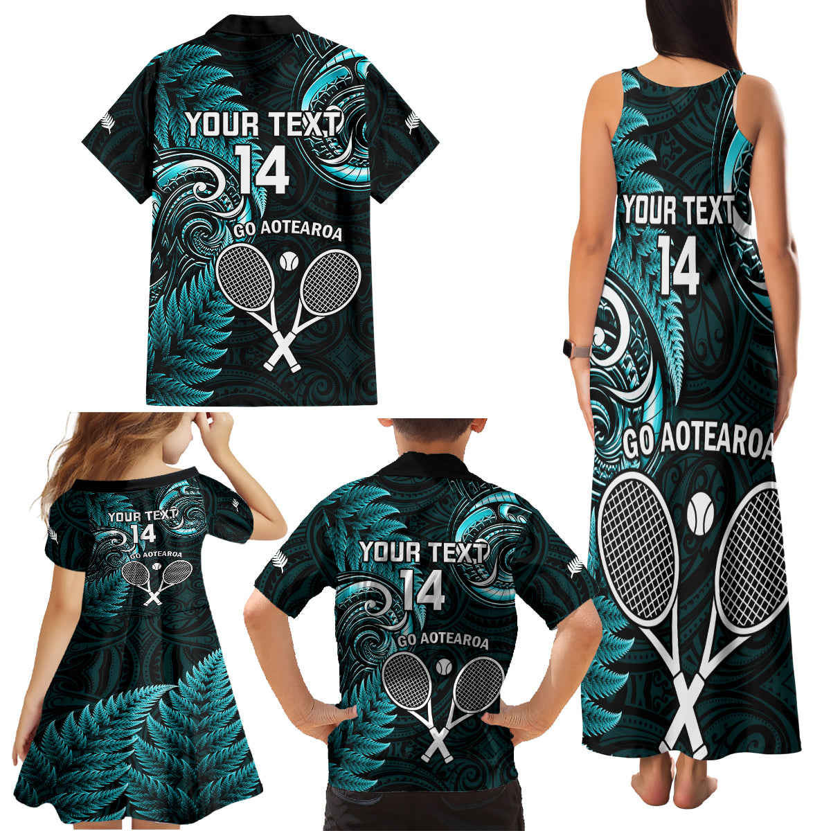 Custom New Zealand Tiki Tennis Family Matching Tank Maxi Dress and Hawaiian Shirt 2024 Aotearoa Tenehi Maori Silver Fern - Turquoise LT14 - Polynesian Pride