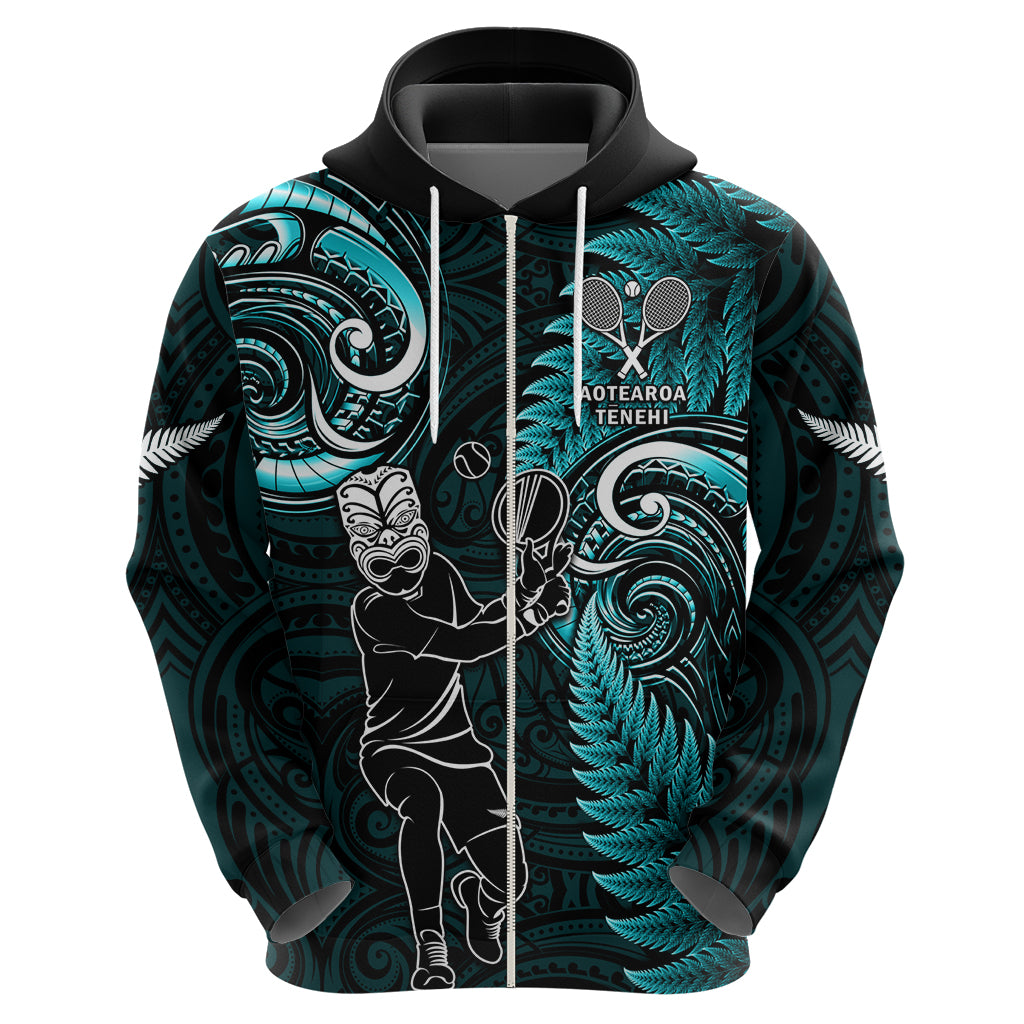 Custom New Zealand Tiki Tennis Hoodie 2024 Aotearoa Tenehi Maori Silver Fern - Turquoise LT14 - Polynesian Pride