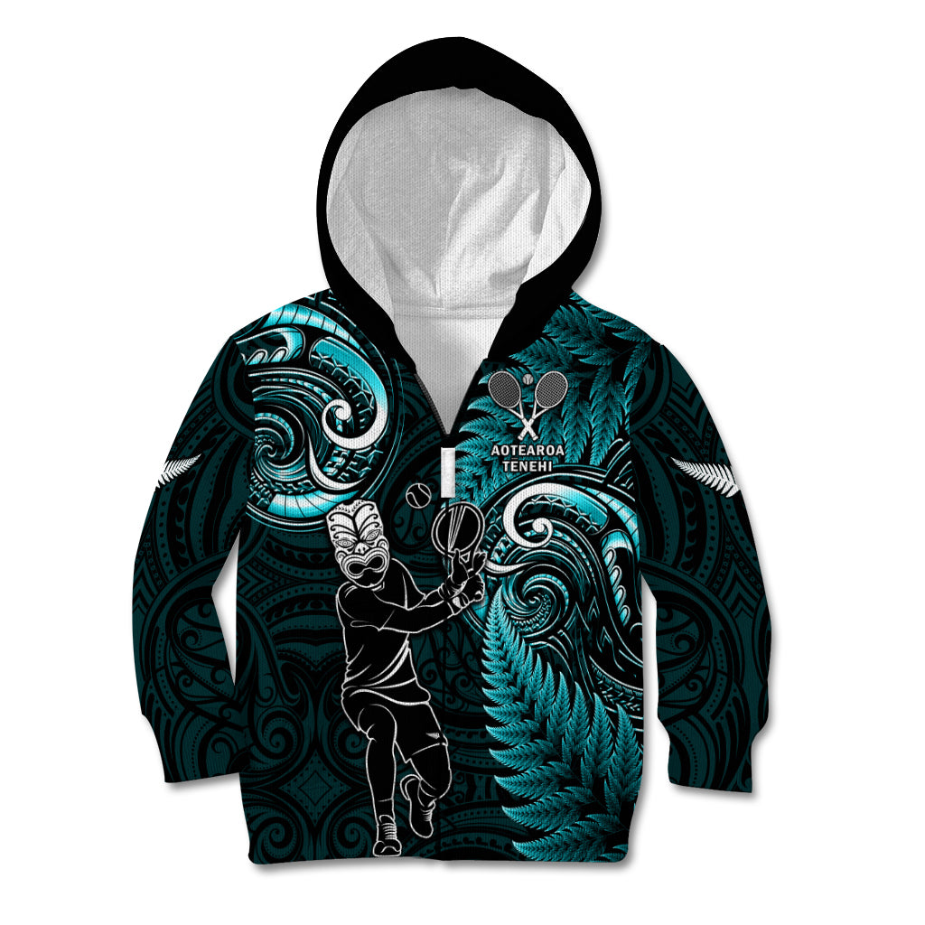 Custom New Zealand Tiki Tennis Kid Hoodie 2024 Aotearoa Tenehi Maori Silver Fern - Turquoise LT14 Zip Hoodie Turquoise - Polynesian Pride